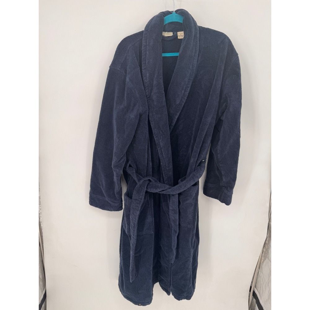 L.L. Bean Robe Mens XL Navy Blue EUC Terry Cloth Cotton Shawl Collar Belted